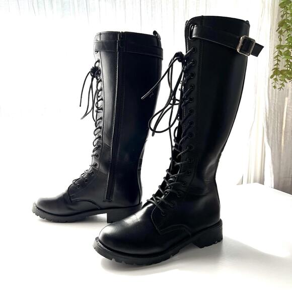Black Knee High Combat Boots Lace Up Goth Punk  Riding Boots Side Zip Size 36 - Picture 2 of 9